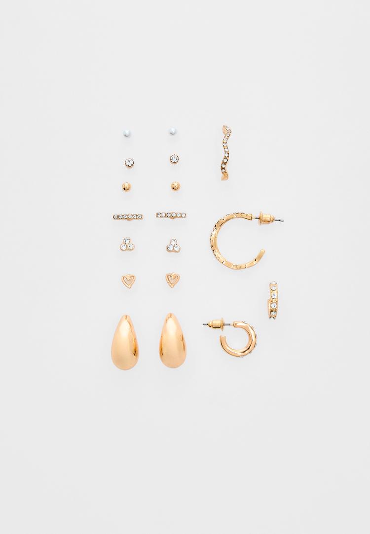 Stradivarius Zestaw 9 par małych kolczyków w kształcie kropli Złoty OS