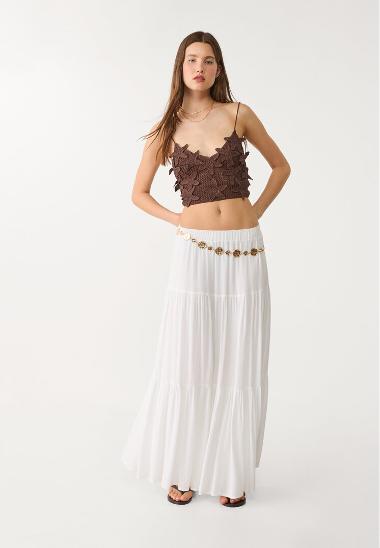Stradivarius Top crochet z kwiatami Brązowy M