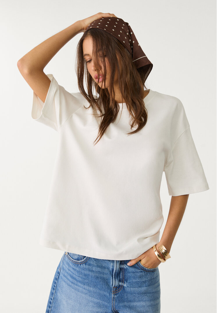 Stradivarius Koszulka basic oversize heavy weight Ecru XS