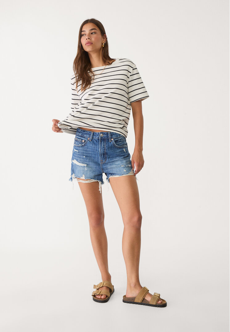 Stradivarius Koszulka basic o kroju regular fit heavy weight w paski Ecru XS