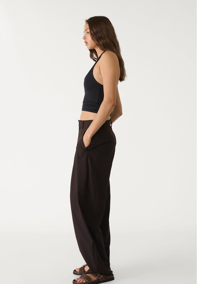 Stradivarius Eleganckie spodnie baggy z przeszyciem Brązowy 32