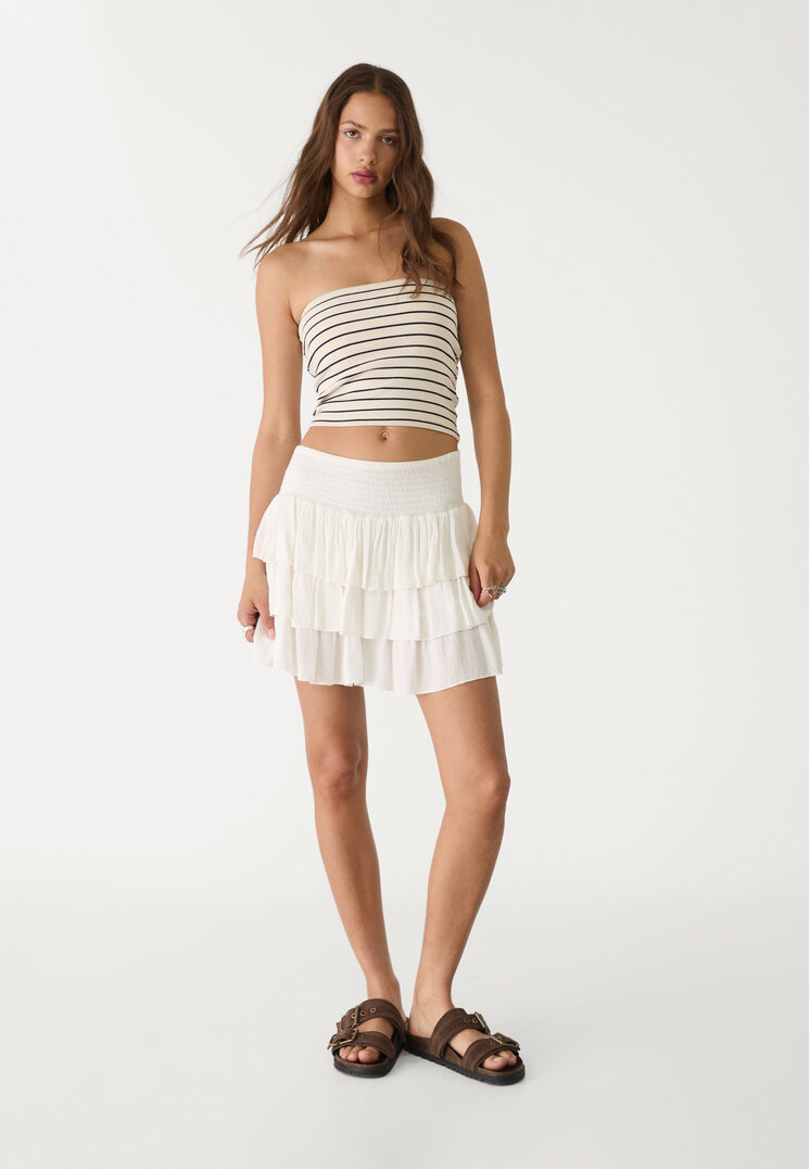 Stradivarius Mini spódniczka z falbanami Ecru XL