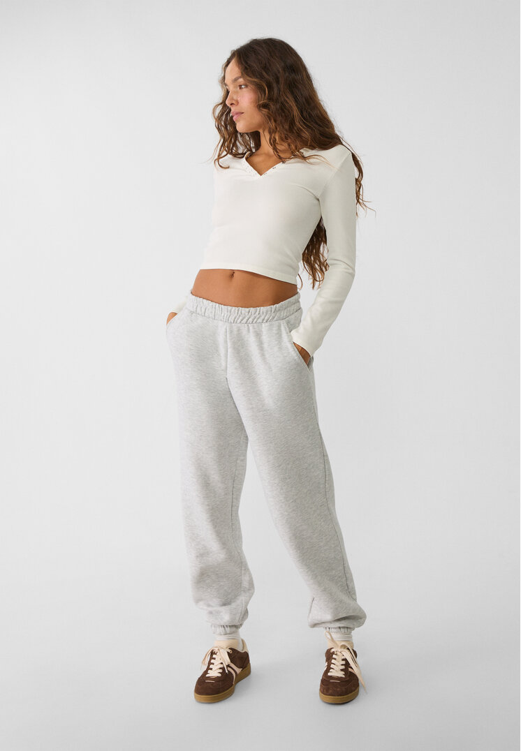 top Stradivarius Spodnie jogger boyfriend z dresowej dzianiny Popielaty S