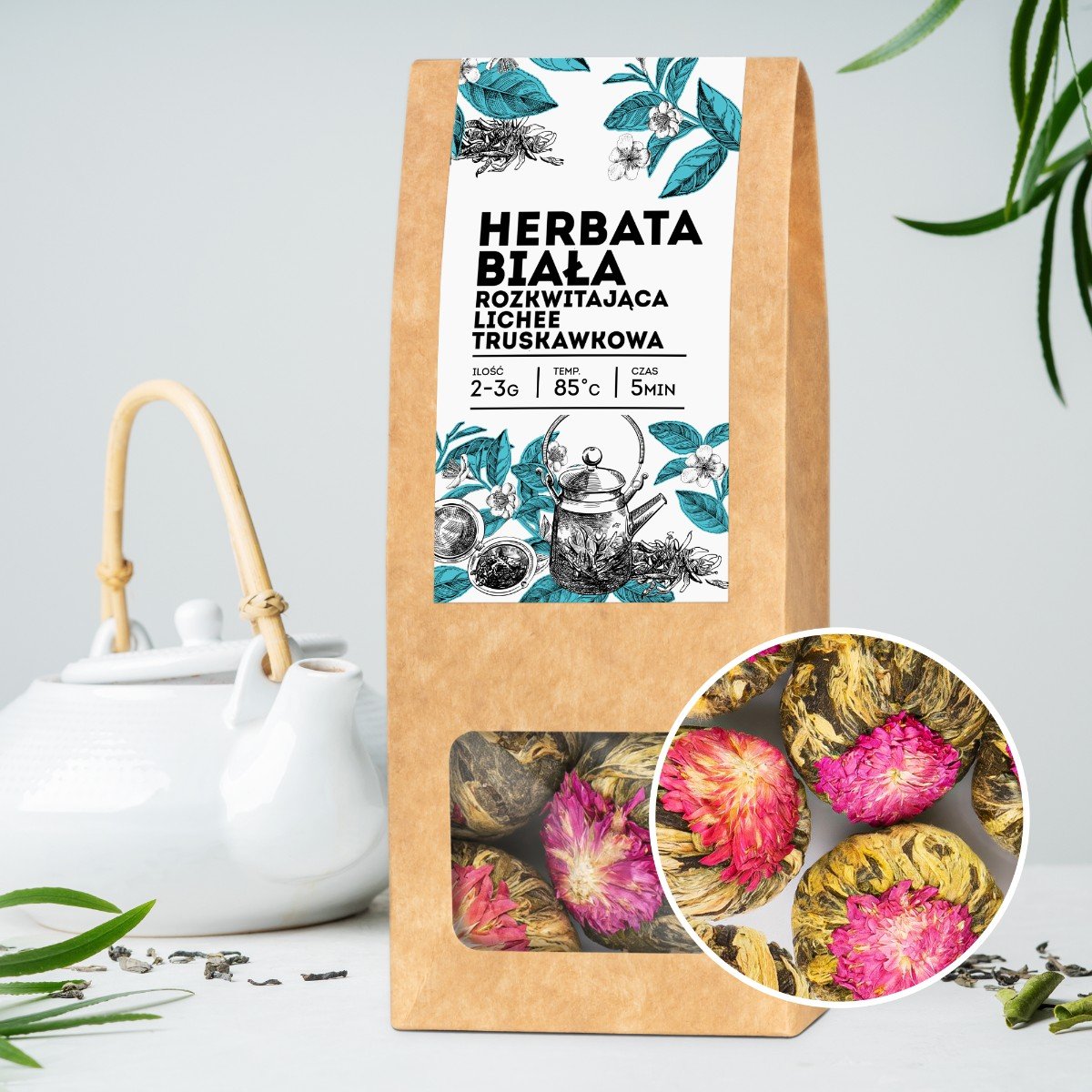 Herbata kwitnąca Lichee TRUSKAWKOWA 8 szt biała white tea lichi kwiat ball