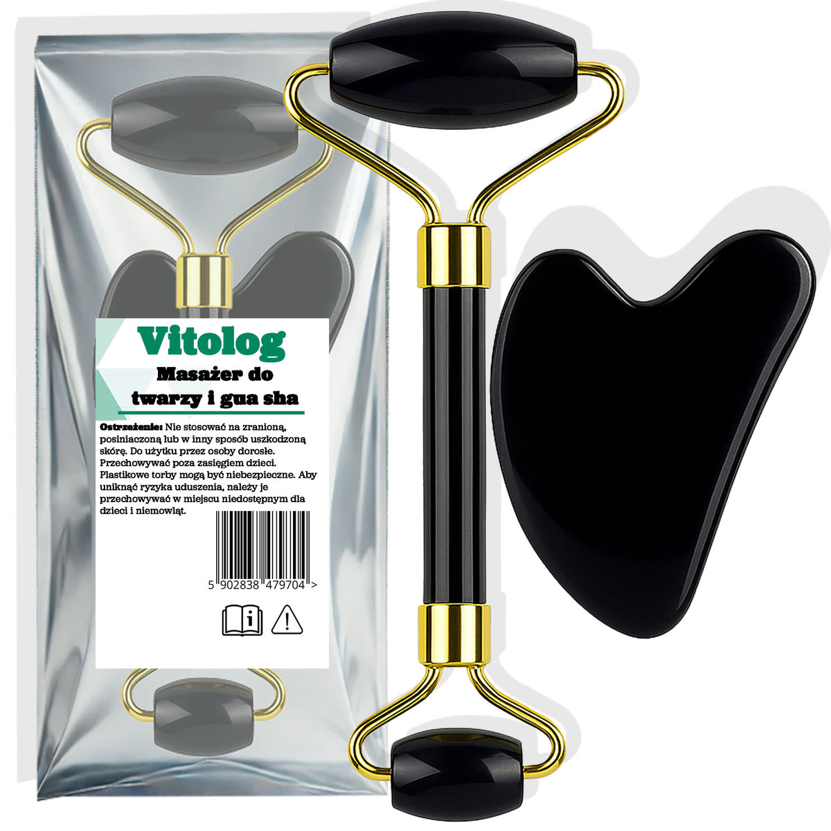 Masażer roller wałek do masażu twarzy szyi pod oczy kamień gua sha 2w1