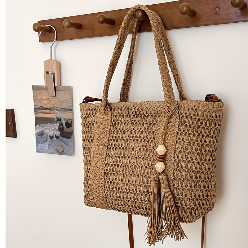 TEMU Perfect Lily Damska Bohemian Torba Tote - Duża Pojemność na Plażę i Codzienne Użytkowanie z Frędzlami, Zamknięcie na Zamek, Wytrzymała Tkanina w