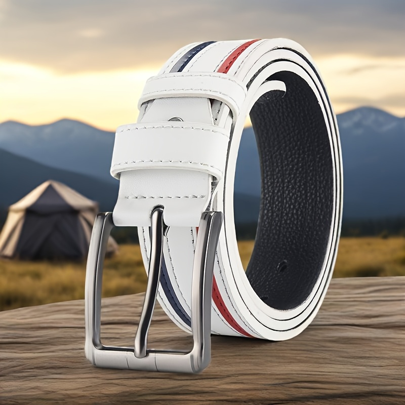 TEMU Stylowy biaﾅＺ pas mﾄ冱ki z czerwonymi i niebieskimi akcentami - regulowana klamra, idealny do odzieﾅｼy codziennej - idealny prezent dla rodziny i