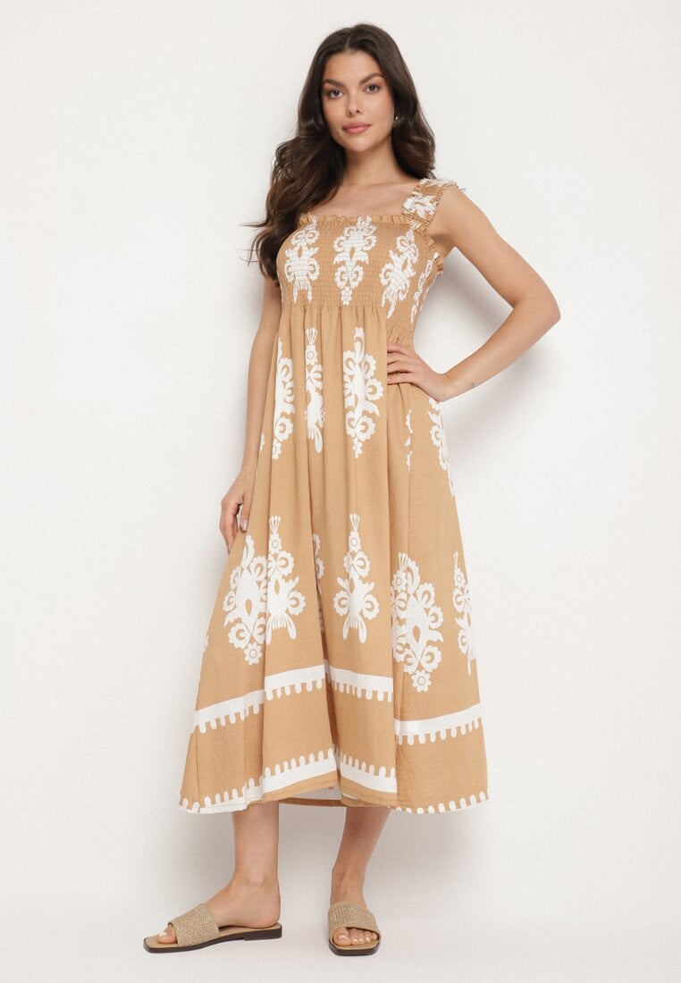 Ciemnobeżowa Wiskozowa Sukienka o Rozkloszowanym Kroju w Ornamentny Wzór Adoxie