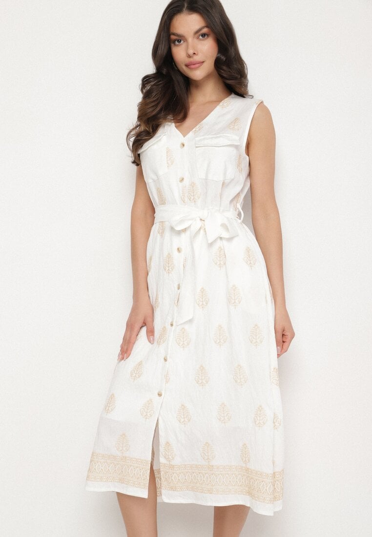 Biała Wiskozowa Sukienka Koszulowa w Hafty z Paskiem Araverra