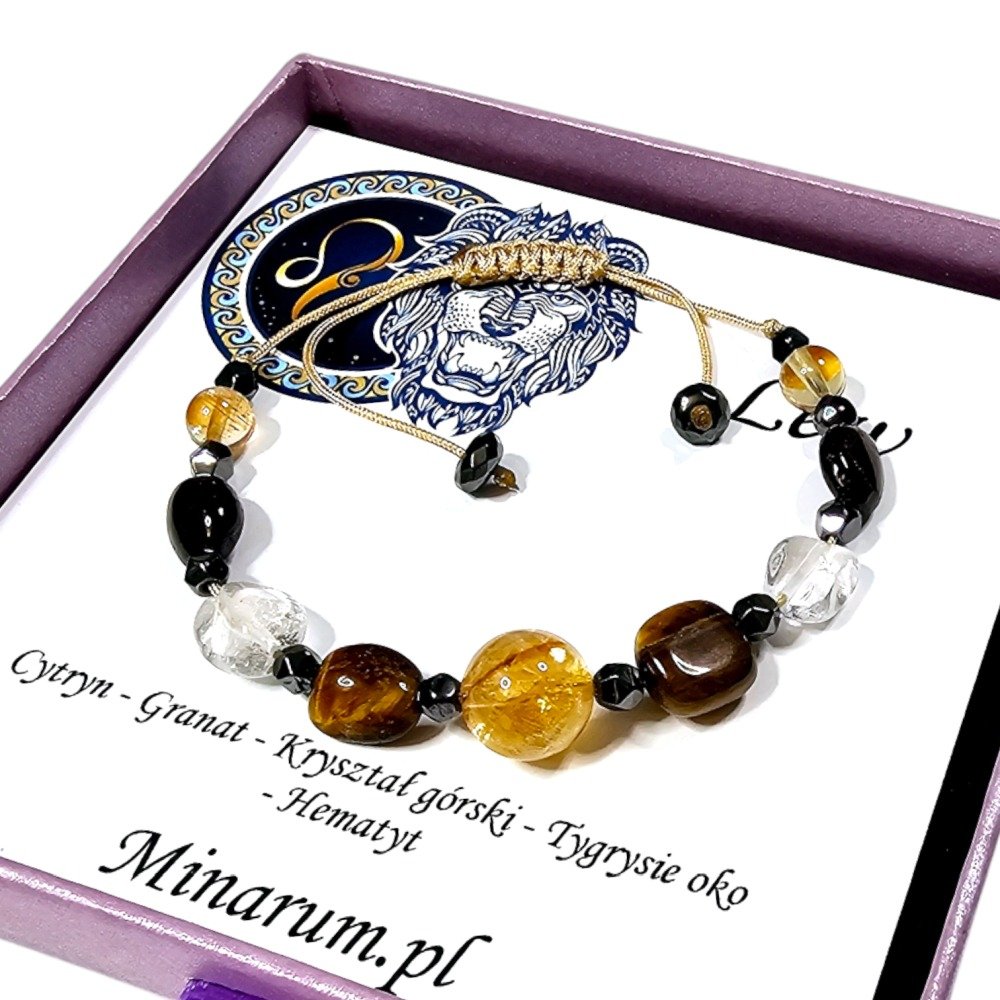 Bransoletka znak zodiaku Lew Cytryn Tygrysie Oko Kryształ Górski bransoletka z kamieni naturalnych