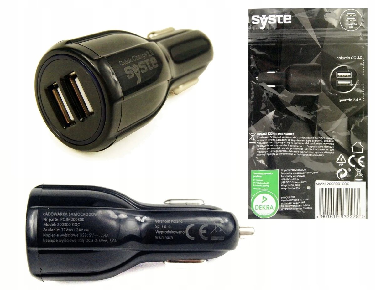 Ładowarka samochodowa 2 USB 3A 12V/24V szybkie ładowanie QC 3.0 Dekra Syste