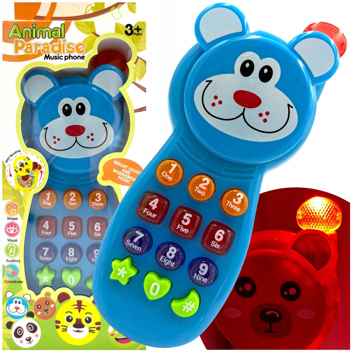 Telefon na baterie telefonik dla dziecka grający z dźwiękiem świecący miś