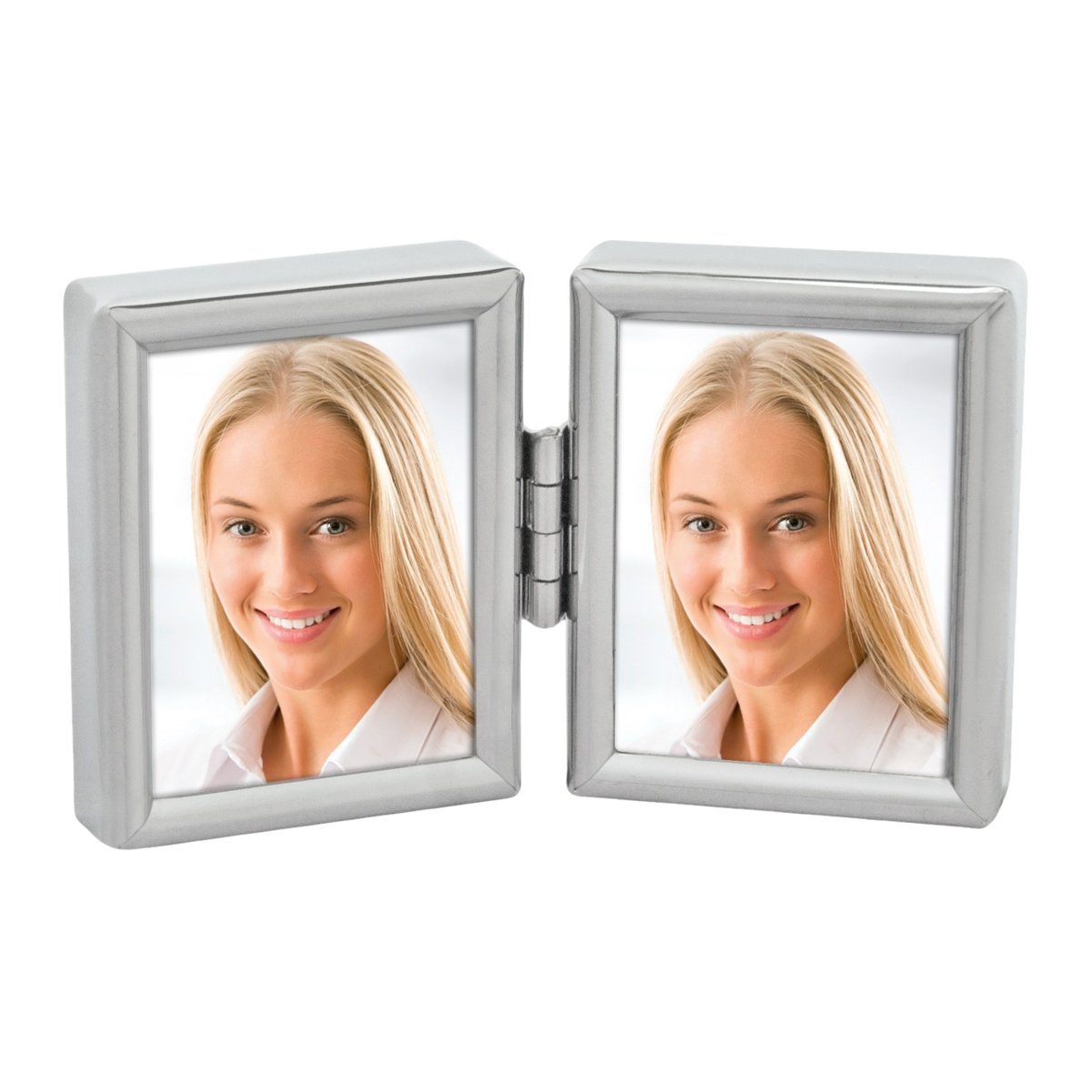 Ramka podwójna na zawiasach srebrna metalowa na dwa zdjęcia 3,5x4,5 cm