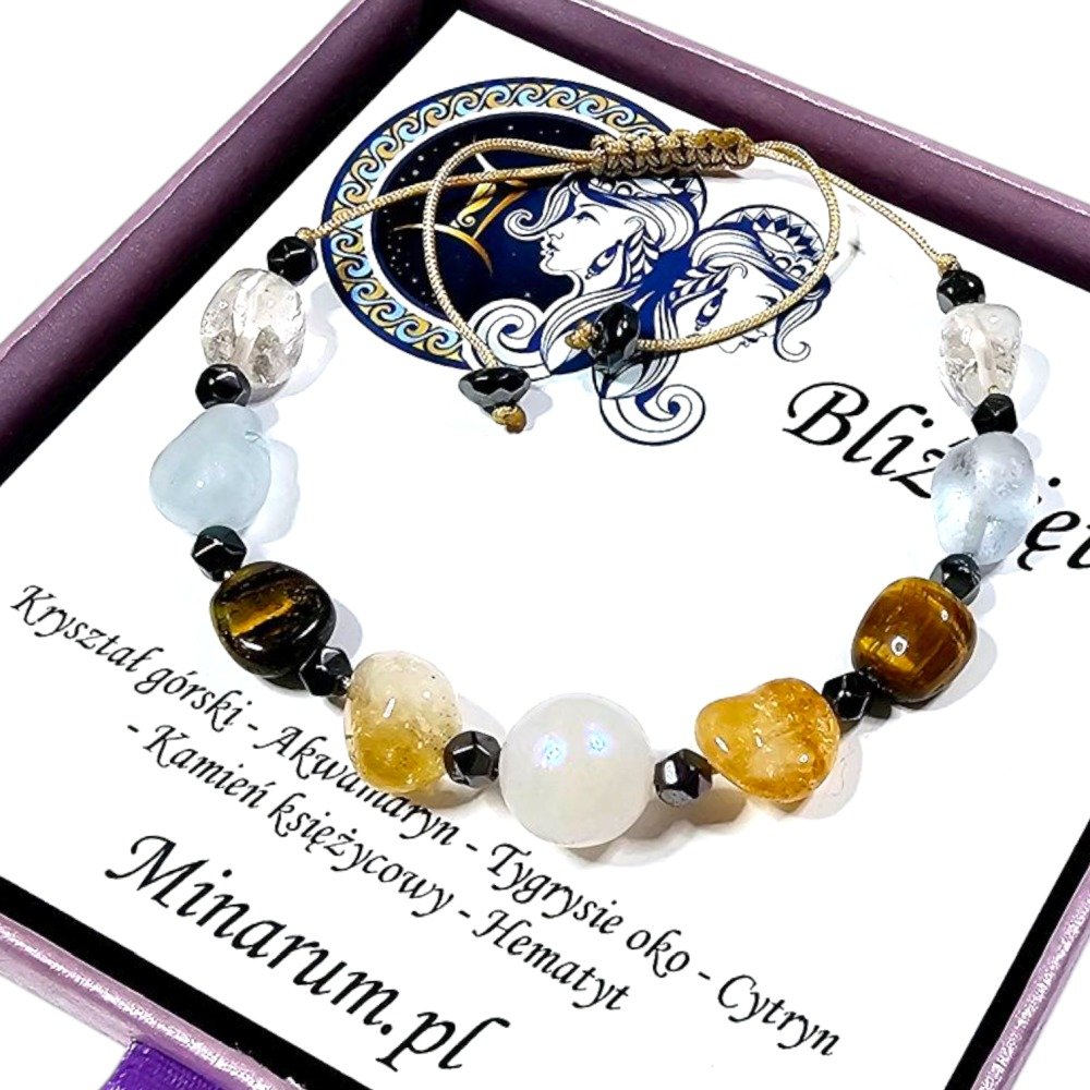 Bransoletka znak zodiaku Bliźnięta Cytryn Tygrysie oko Akwamaryn bransoletka z kamieni naturalnych