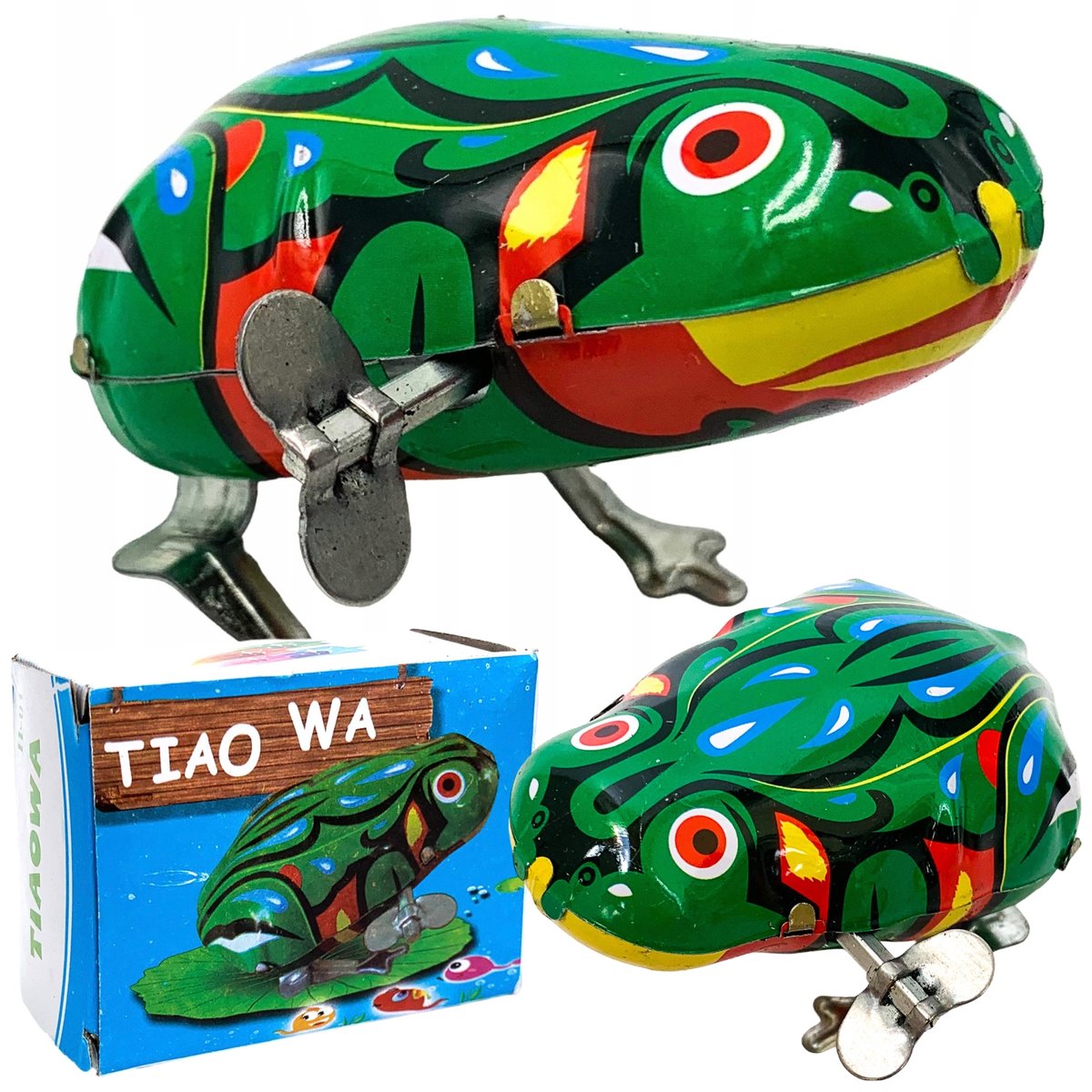 Zabawka w stylu retro zielona żaba Żabka skacząca nakręcana metalowa skacze