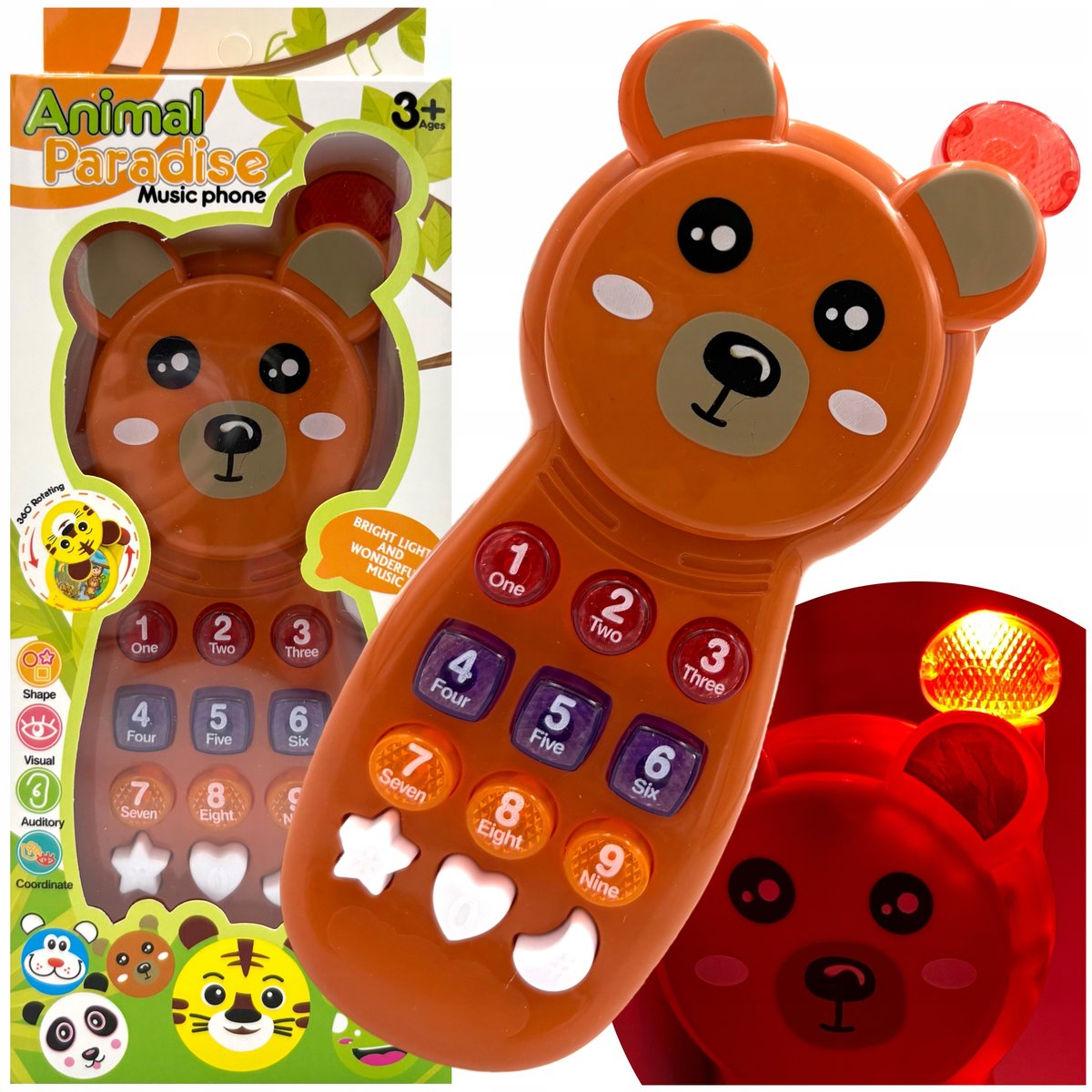 Zabawkowy telefon dla dzieci telefonik świecący z dźwiękiem melodyjki miś