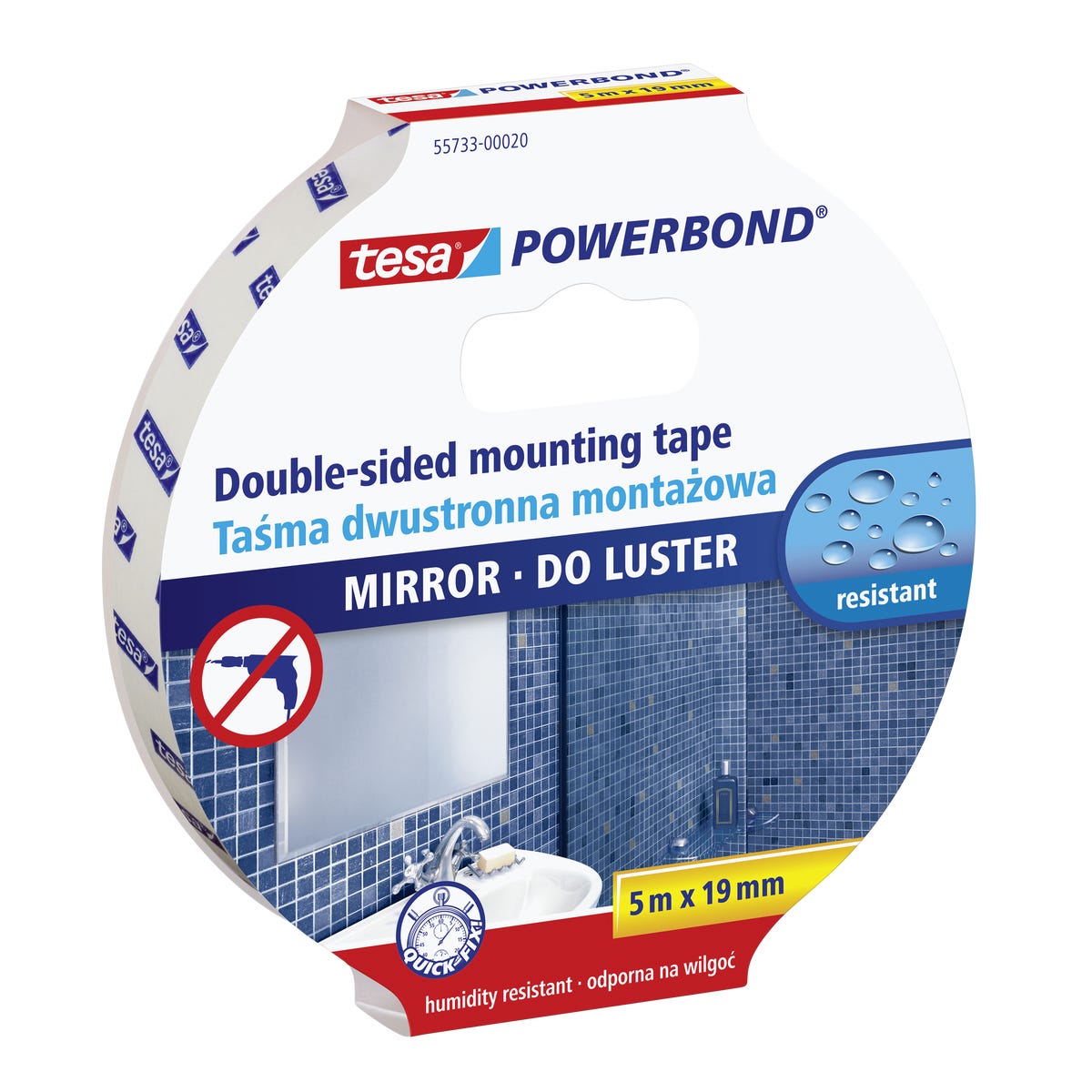 Taśma dwustronna montażowa POWERBOND do luster 5 m x 19 mm TESA