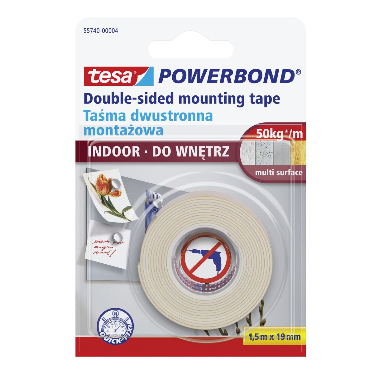Taśma dwustronna montażowa POWERBOND do wnętrz 1.5 m x 19 mm TESA