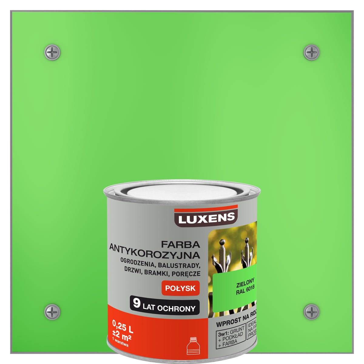 Farba zewnętrzna na rdzę antykorozyjna Jasny Zielony Połysk 0.25 litra LUXENS