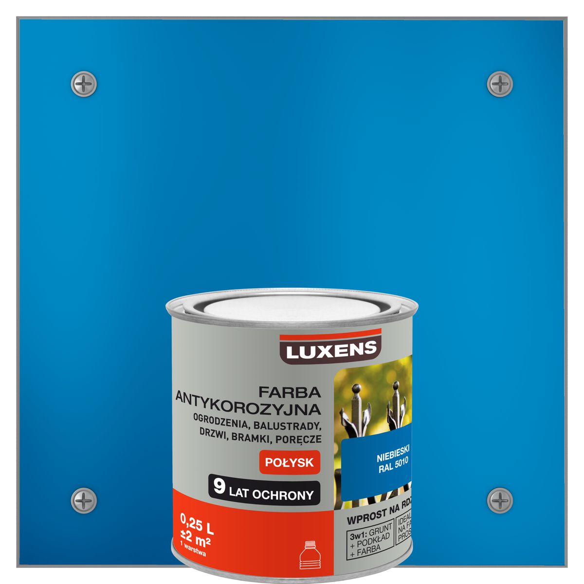 Farba zewnętrzna na rdzę antykorozyjna Niebieski Połysk 0.25 litra LUXENS