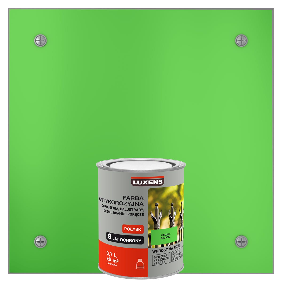Farba zewnętrzna na rdzę antykorozyjna Jasny Zielony Połysk 0.7 litra LUXENS