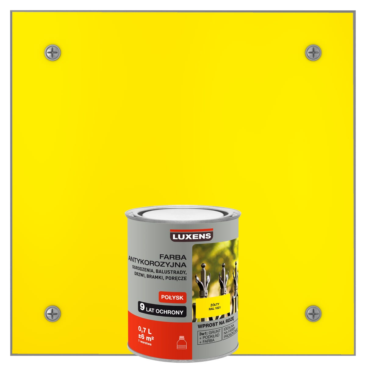 Farba zewnętrzna na rdzę antykorozyjna Żółty Połysk 0.7 litra LUXENS
