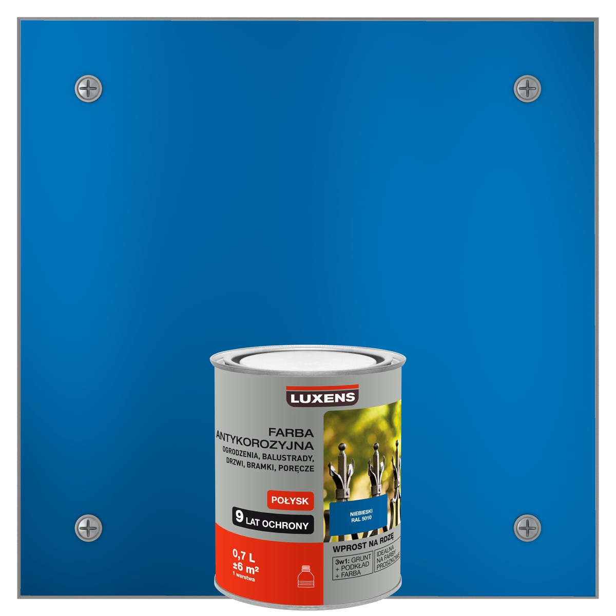 Farba zewnętrzna na rdzę antykorozyjna Niebieski Połysk 0.7 litra LUXENS