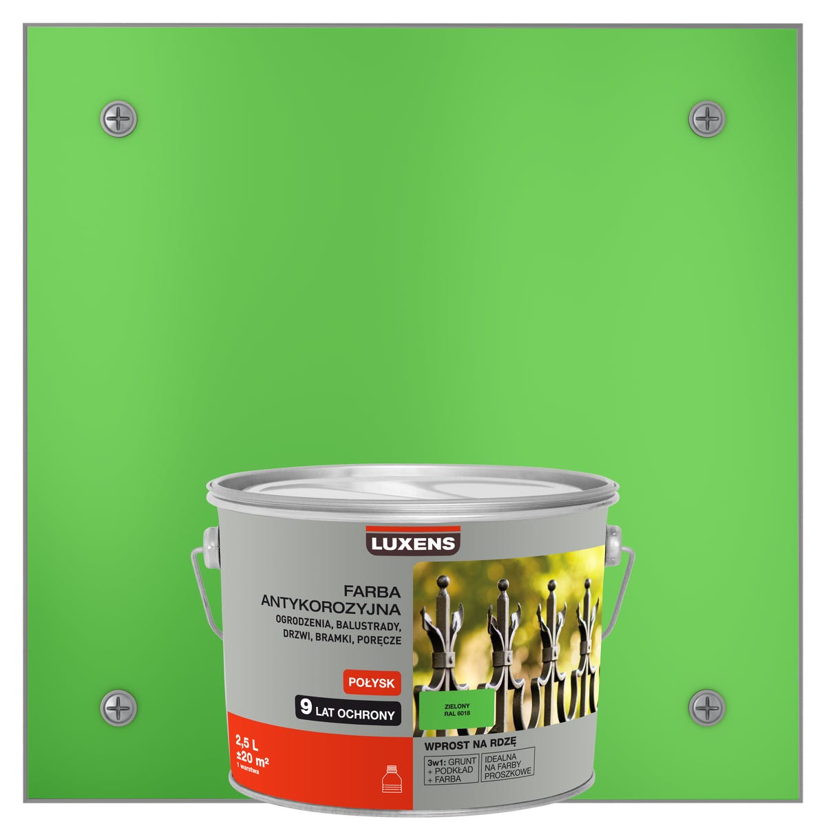Farba zewnętrzna na rdzę antykorozyjna Jasny Zielony Połysk 2.5 litra LUXENS