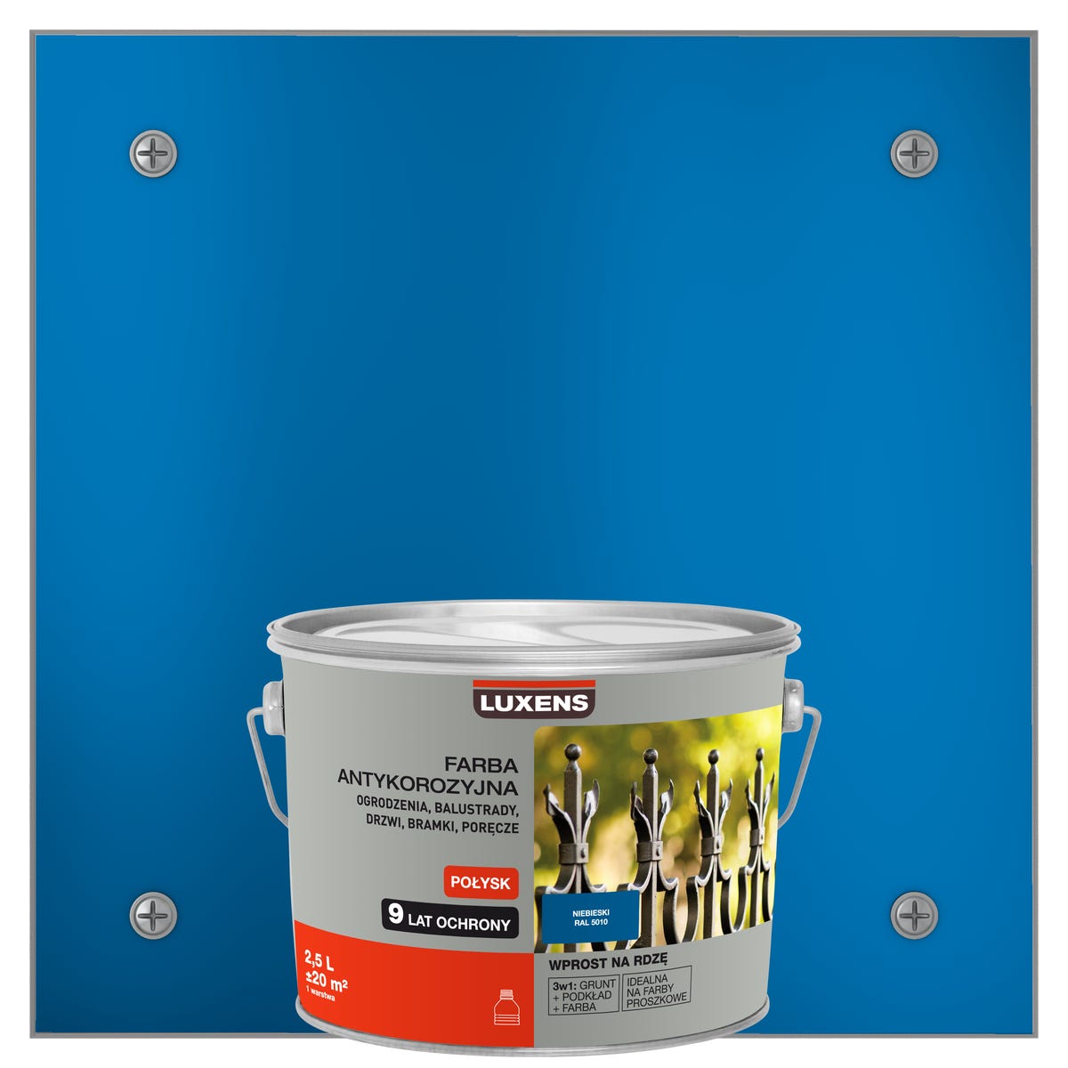 Farba zewnętrzna na rdzę antykorozyjna Niebieski Połysk 2.5 litra LUXENS