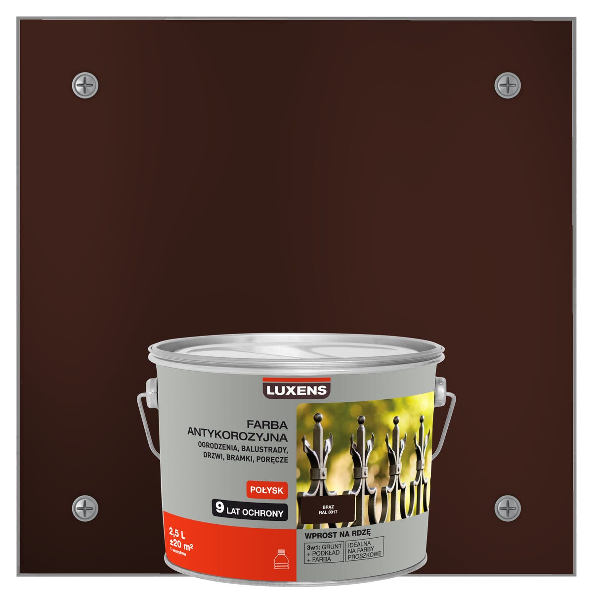 Farba zewnętrzna na rdzę antykorozyjna Brąz Połysk 2.5 litra LUXENS