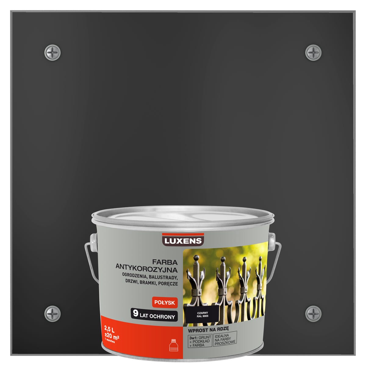 Farba zewnętrzna na rdzę antykorozyjna Czarny Połysk 2.5 litra LUXENS