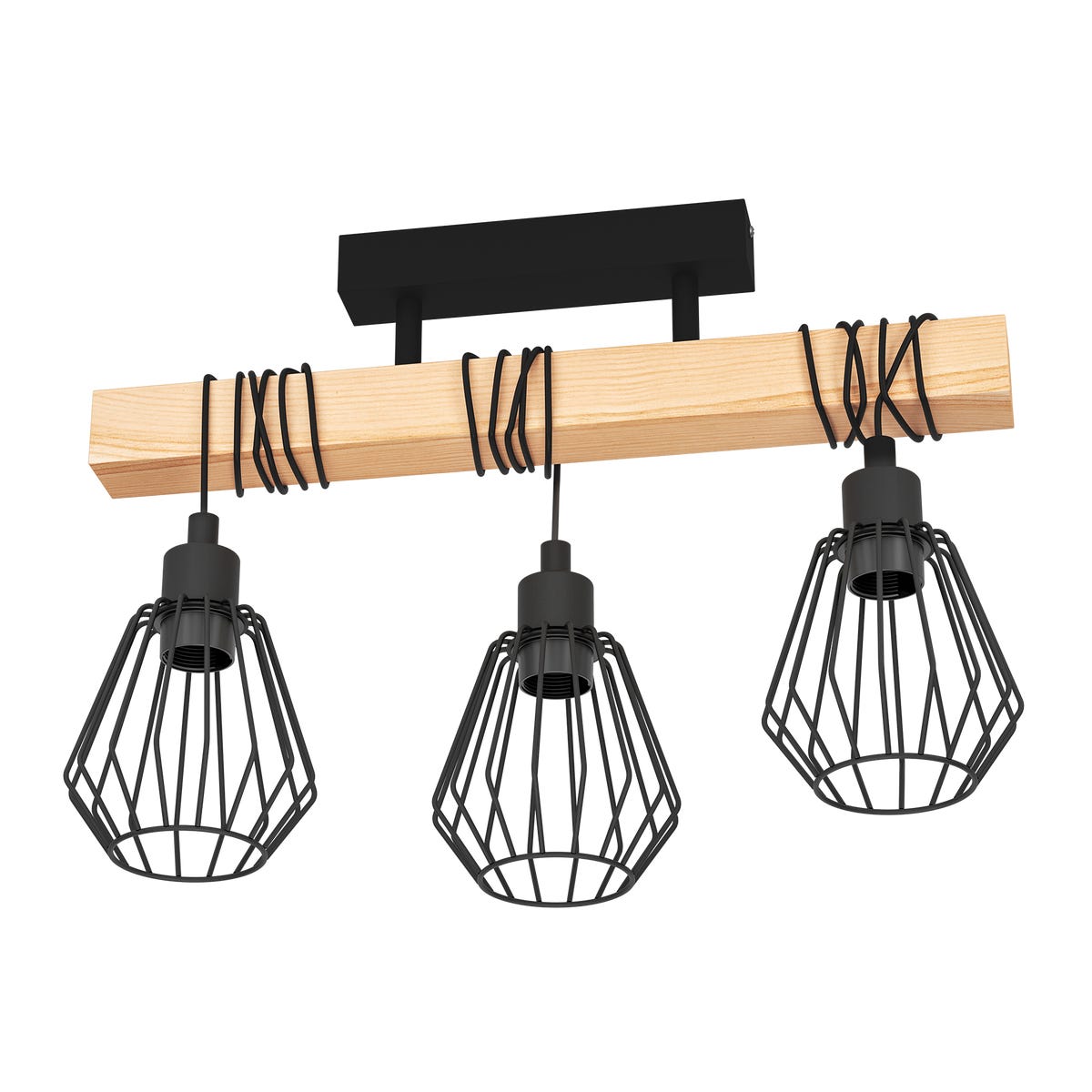 Lampa sufitowa Tabodi czarna z drewnem 3 x E27 Inspire