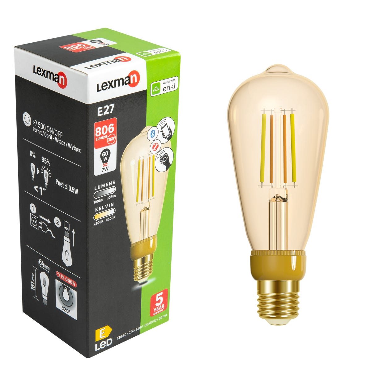 Żarówka Smart Enki LED z pilotem E27 7 W = 60 W 806 lm bursztynowa Lexman