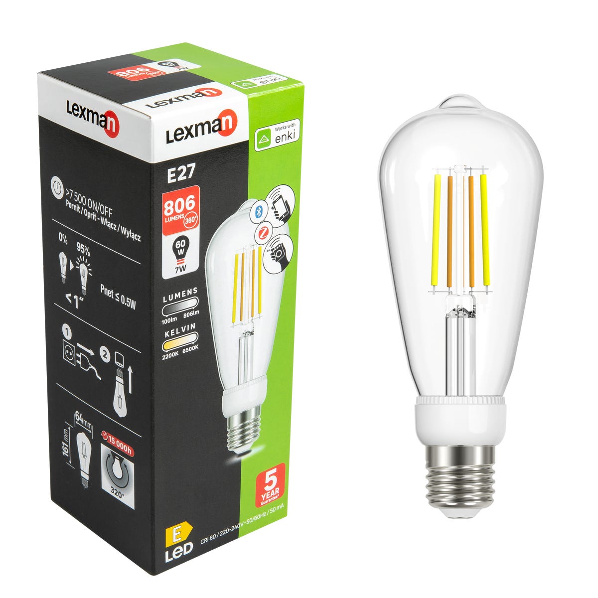 Żarówka Smart Enki LED z pilotem E27 7 W = 60 W 806 lm Edison Lexman