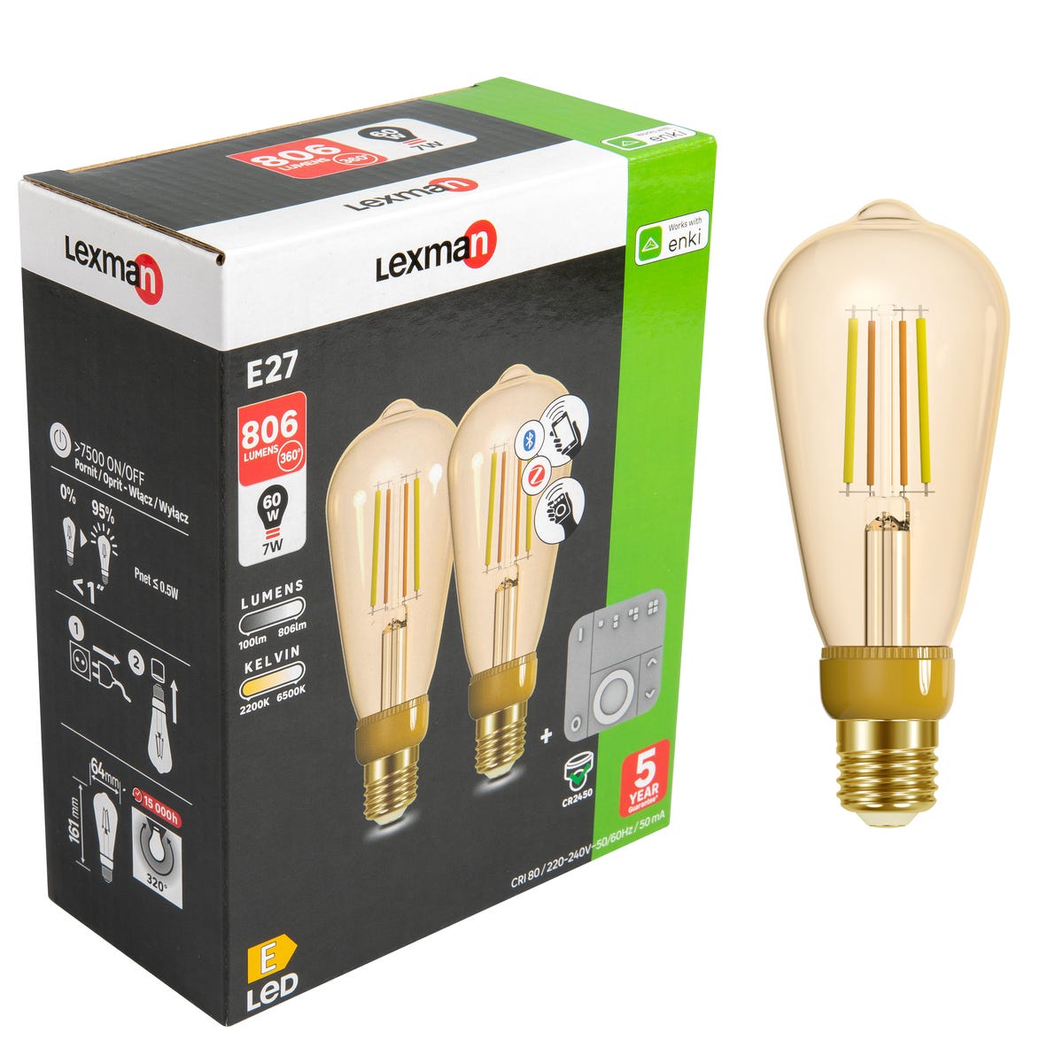 Żarówka Smart Enki LED z pilotem 2 szt. 7 W = 60 W 806 lm Lexman