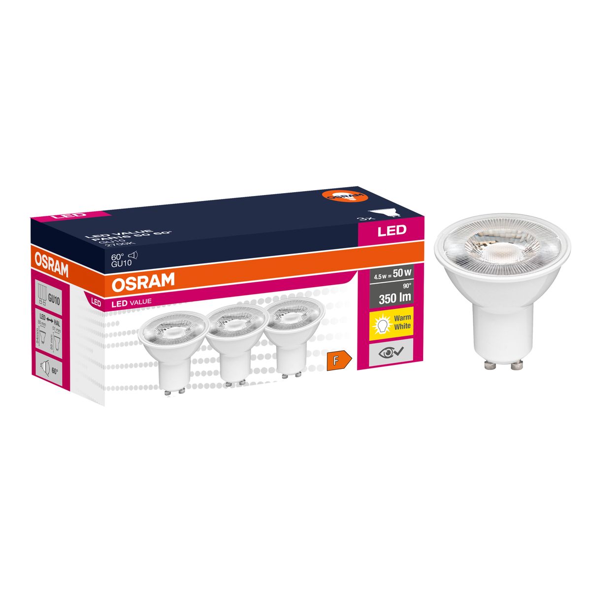 Żarówka LED 3 szt. GU10 4,5 W = 50 W 350 lm Ciepła biel Osram
