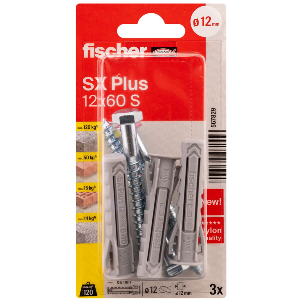 Kołek rozporowy SX Plus S z wkrętem 12 x 60 mm 3 szt. Fischer