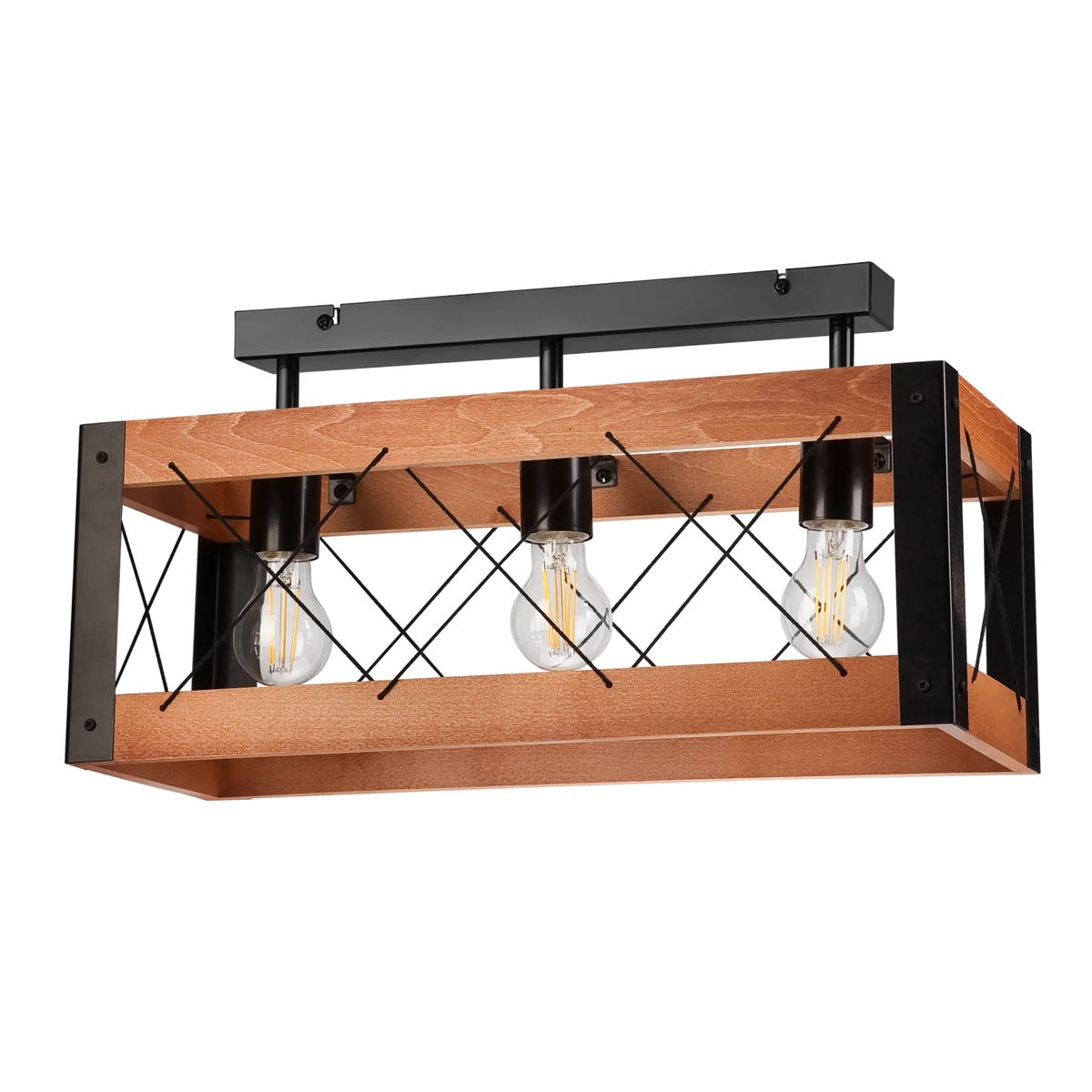 Lampa sufitowa Frida czarna z rustykalnym drewnem 3 x E27 Lamkur