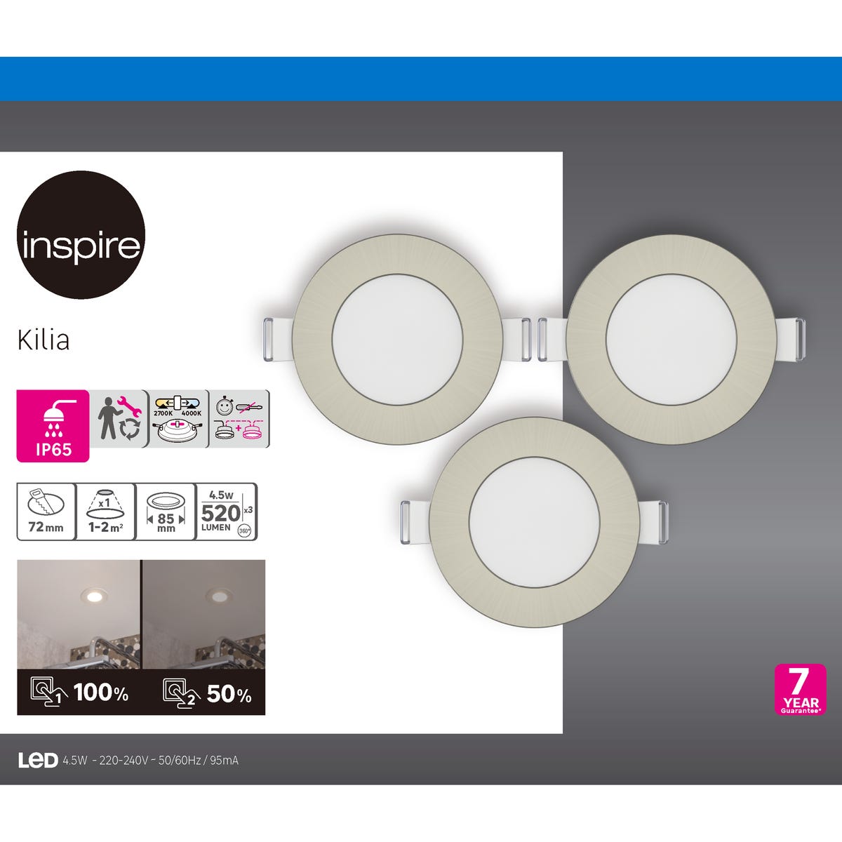 Oprawa wpuszczana Kilia 3 szt. chrom 520 lm IP65 LED Inspire