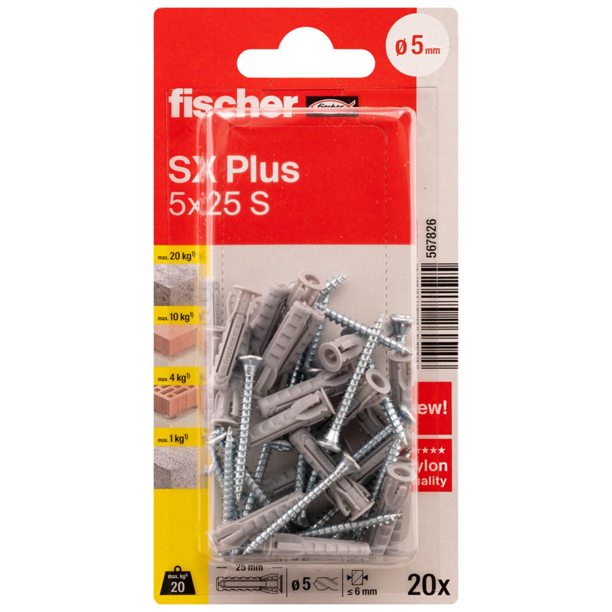 Kołek rozporowy SX Plus S z wkrętem 5 x 25 mm 20 szt. Fischer
