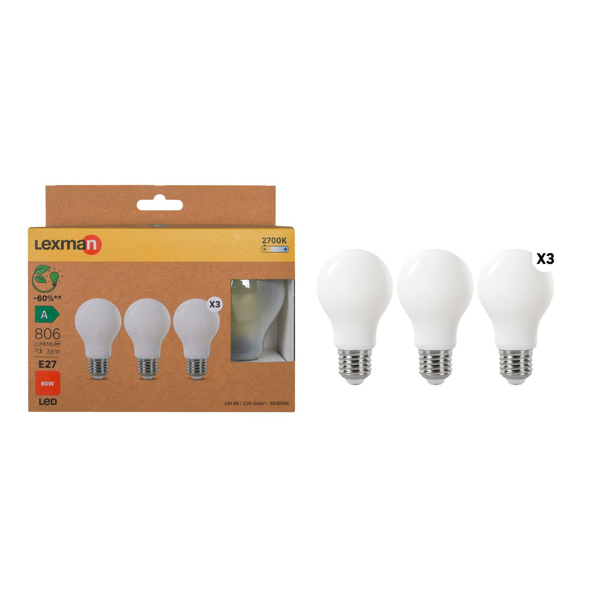 Żarówka LED 3 szt. E27 3,8 W 806 lm Ciepła biel Lexman