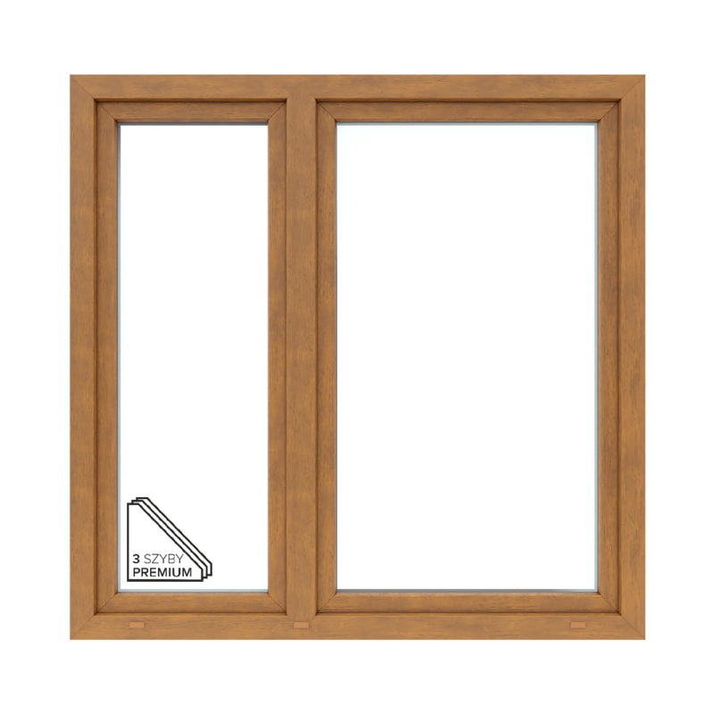 Okno PCV 3-szybowe fasadowe O34/85 złoty dąb 1465x1435 mm otwierane do wewnątrz prawe Witraż