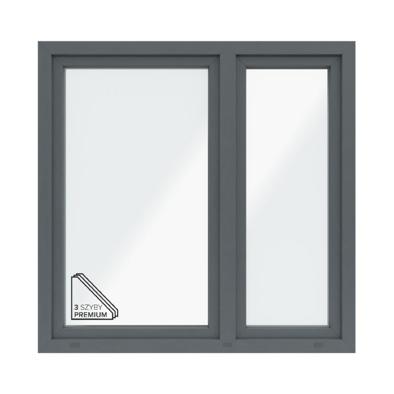 Okno PCV 3-szybowe fasadowe O35/85 antracytowe 1465X1435 mm otwierane do wewnątrz lewe Witraż