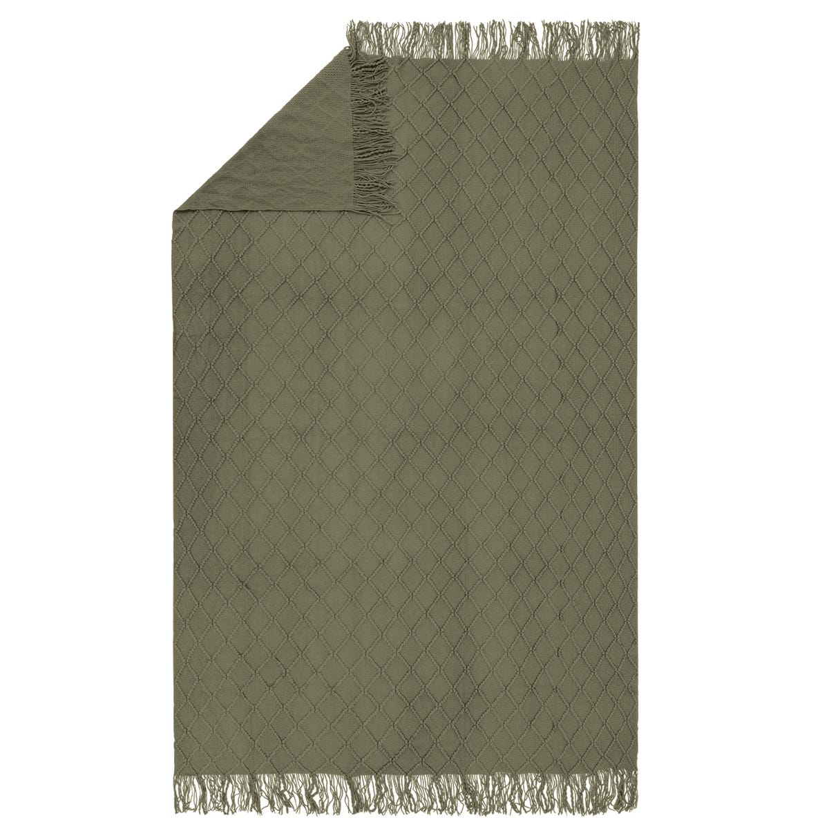 Koc Oslo zielony khaki z frędzlami 130 x 170 cm