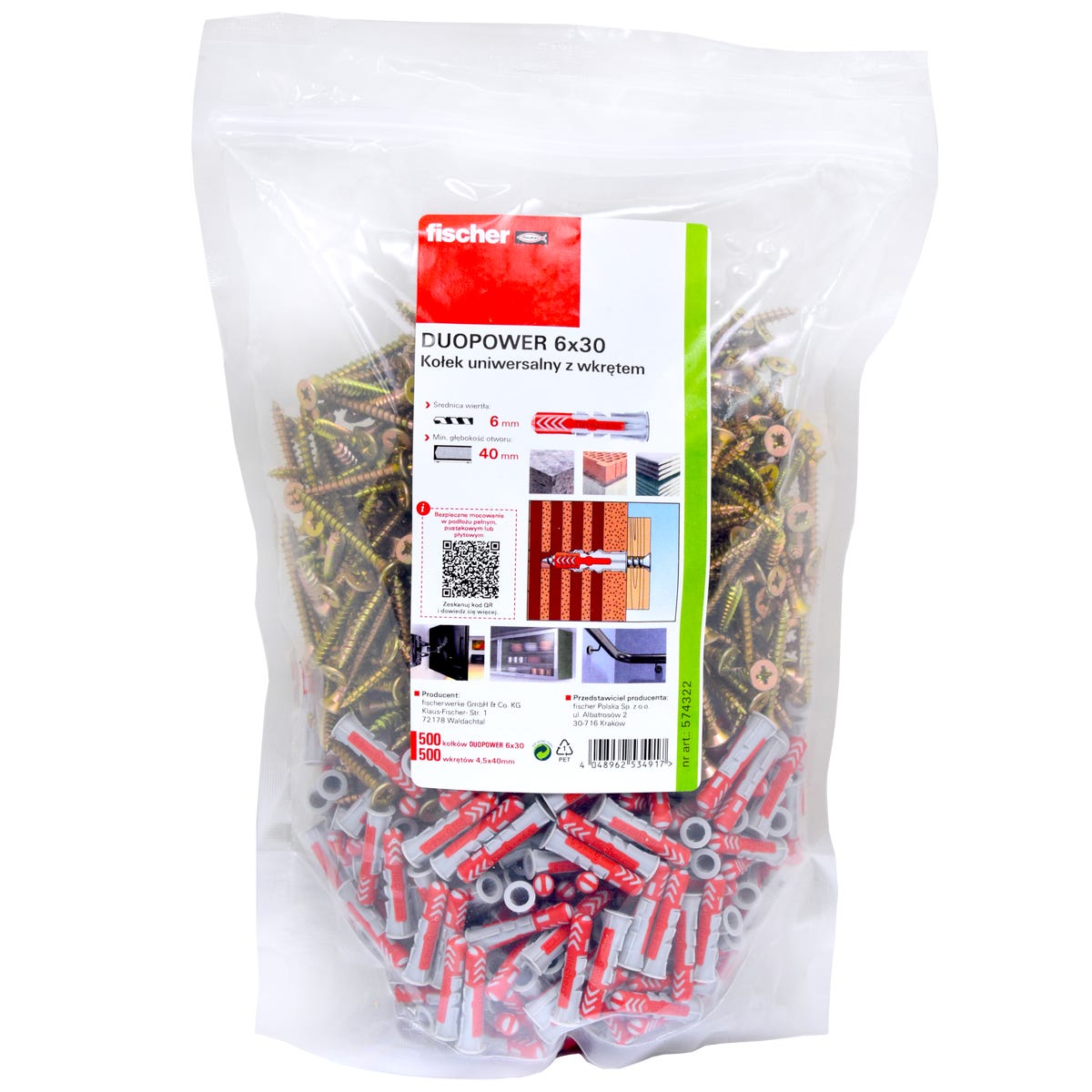 Kołek rozporowy uniwersalny 6 x 30 mm Duopower 500 szt. Fischer