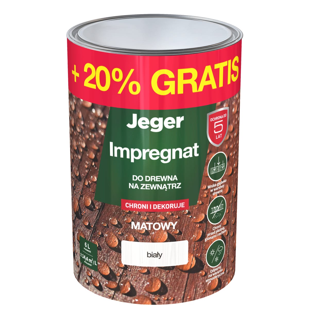 Impregnat do drewna dekoracyjny biały 5 l + 20% gratis Jeger