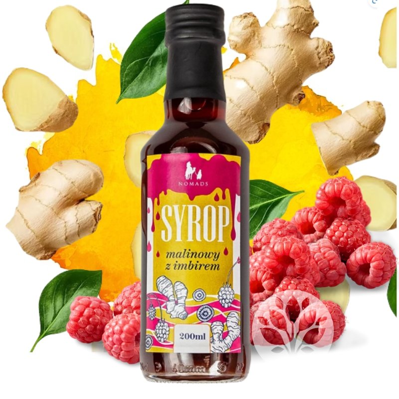 Syrop malinowy z imbirem do herbaty, do wody, do deserów Nomads 200 ml