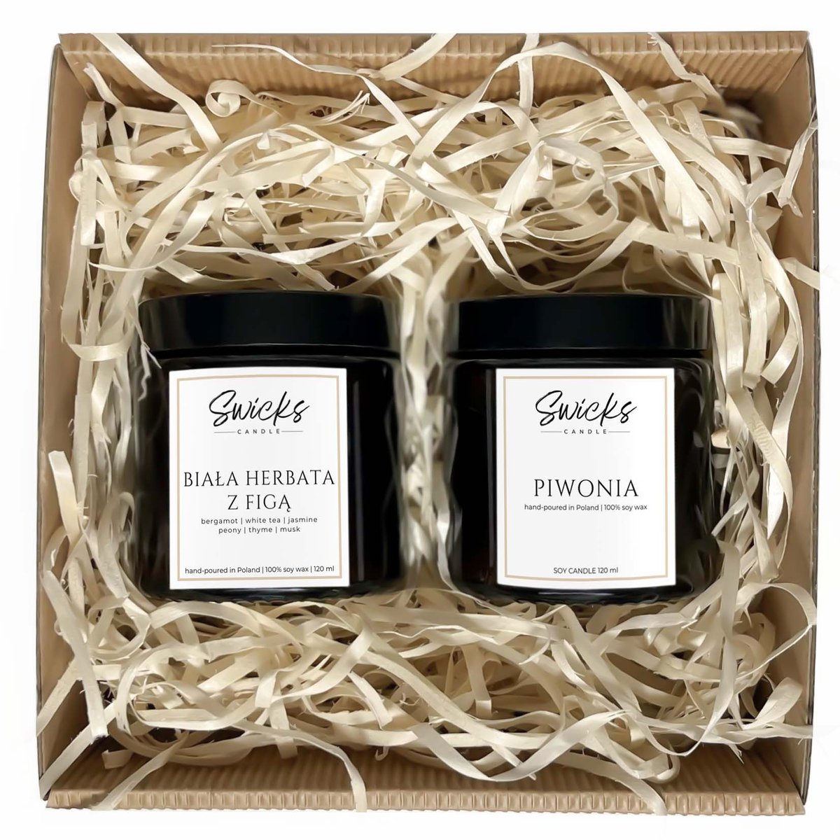 Świece sojowe w pudełku prezentowym na zakończenie roku szkolnego 2x120ml HERBATA+PIWONIA