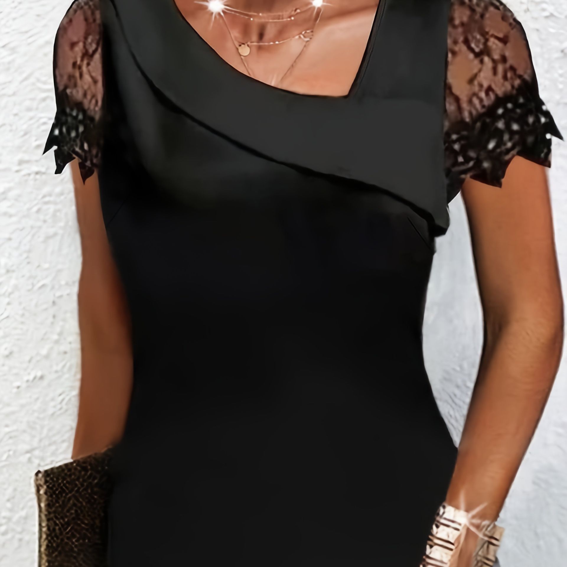 TEMU Elegancka czarna bluzka damskiej z koronką - bez rękawów, dekolt w kształcie litery V, top casualowy z marszczonymi detalem, jednolity , idealny