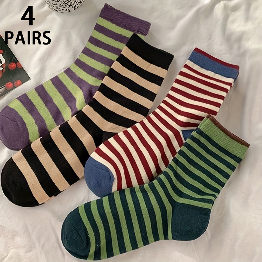 TEMU 4 Pary Damskich Skarpetek w Kolorowe Paski - Wzory, Jasne i Neutralne Odcienie, Miękka i Trwała Tkanina, Pranie Maszynowe, Uniwersalne do Stylu